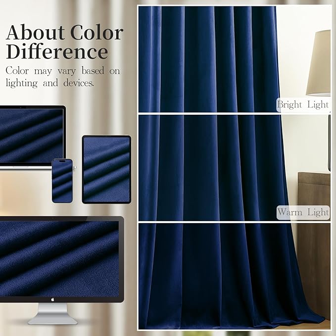 Navy Blue Velvet Blackout Curtains 84 Inches for Bedroom, Room Darkening Drapes Super Soft Elegant Thermal Insulated Privacy Window Curtain for Living Room, Back Tab Rod Pocket, W52 X L84, 2 Pcs