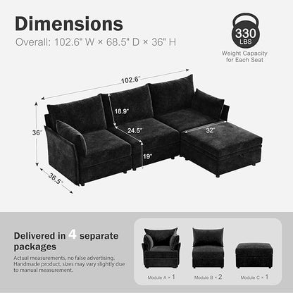 ABCASA 102.6" Modular Sectional Sofa, L Shaped Couch Set for Living Room, 3-Seater Comfy Cloud Couches with Movable Storage Ottoman,DIY Combination - Chenille Black