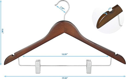 TOPIA HANGER Wooden Suit Hangers with Adjustable Metal Clips (20 Pack), Solid Wood Clothes Hangers, 360° Swivel Hook, Premium Retro Finish Pants Hangers for Clothes Coat, Jeans, Blouse-CT28A20