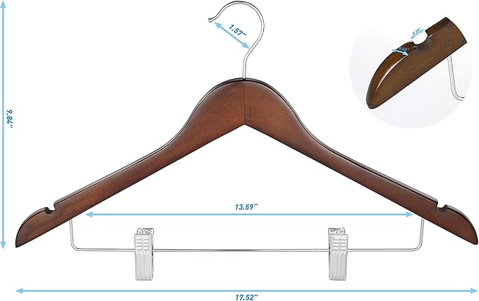 TOPIA HANGER Wooden Suit Hangers with Adjustable Metal Clips (10 Pack), Solid Wood Clothes Hangers, 360° Swivel Hook, Premium Retro Finish Pants Hangers for Clothes Coat, Jeans, Blouse-CT28A