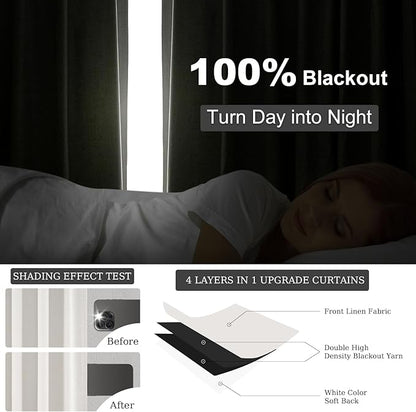 Topfinel 90 Inches Long Full Blackout Linen Curtains for Bedroom, Pinch Pleated Sound Block Curtains, Birch Decorative Elegant Farmhouse Lined Drapes 2 Panels Set for Living Room Sliding Door