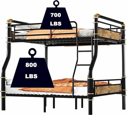 Upgraded Version Thicken Metal Heavy-Duty Full XL Over Queen Bunk Bed, Best Industrial Style Stronger Full Over Queen Size Bunk Bed with Ladder for Adults, Easy Assembly (Full XL Over Queen)