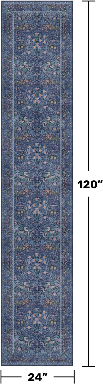 Non Slip 2x10 Dark Blue Hallway Runner - 10ft Long Runner Rugs, Washable Kitchen Floor Mat - Vintage Navy Floral Design Décor