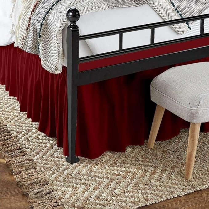 Burgundy Solid Ruffled Bed Skirt Twin-XL-30 Inch Drop Split Corner, Microfiber Bedskirt with Platform Three Sided Coverage