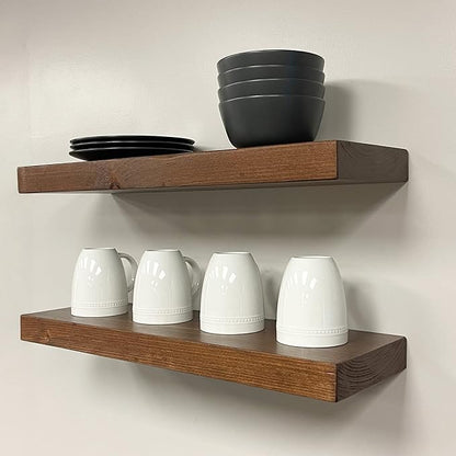 URBANDI, Rustic Floating Shelves, Set of 2, Hidden Bracket, Solid Wood, Heavy Duty, Wall Mounted Shelves, (Provincial, 12Wx12D)