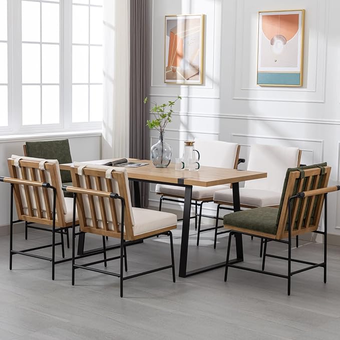 Modern Dining Chairs Set of 4, Comfy PU Leather Side Chairs Guest Chairs with Wooden Backrest Black Metal Legs for Dining Room Living Room, Beige
