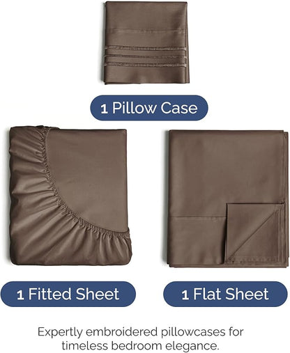 Twin Size 3 Piece Sheet Set - Comfy Breathable & Cooling Bed Sheets Set - Hotel Luxury Bedding for Women, Men, Kids, Teens, Boys & Girls - Deep Pockets, Ultra-Soft and Wrinkle Free - Oeko-Tex - Brown