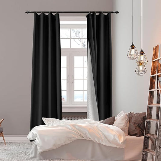 3-in-1 100% Blackout Curtains 120 Inches Long, Thermal Insulation, Soundproof Back Tab Drapes for Bedroom Living Room Sliding Glass Door, with Pin Hooks, Black 50x120 Inch 1 Panel
