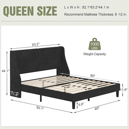 VECELO Queen Bed Frame with Upholstered Wingback Headboard, Heavy-Duty Platform Bedframe with Charging Station, Wooden Slats, No Box Spring Needed, Grey