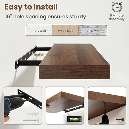 40 Inch Floating Shelves for Wall, 8 Inch Deep Floating Shelf for Storage & Display, Rustic Wall Mounted Shelf with Invisible Brackets for Living Room, Kitchen, Bathroom, Home Decor, Set of 2, Walnut
