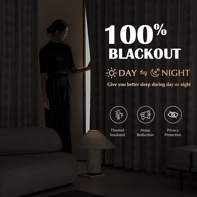 100% Boho Blackout Curtains 84 Inches Long for Bedroom, Black on Beige Patterned Bohemian Curtains for Living Room, Geometric Striped Thermal Insulated Window Drapes Gromment Top 2 Panels