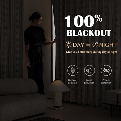 100% Boho Blackout Curtains 96 Inches Long for Bedroom, Black on Beige Patterned Bohemian Curtains for Living Room, Geometric Striped Thermal Insulated Window Drapes Gromment Top 2 Panels