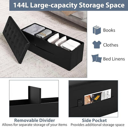 Giantex 43 Inches Folding Storage Ottoman Bench, Upholstered PU Leather Storage Chest with Side Pocket, Padded Seat, End of Bed Bench, Collapsible Ottoman Foot Rest for Living Room, Bedroom & Entryway