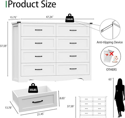 Dresser for Bedroom with 8 Drawers, 48" Wide Wood Chest of Drawers with Deep Drawers & Mental Handle, Modern Dresser TV Stand, Wooden Closet Storage Organizer for Living Room, Hallway, Entryway, White
