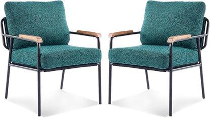 VINGLI Mid-Century Modern Accent Armchiars Set of 2 for Small Space, Small Comfy Upholstered Leisure Reading Chairs with Wood Armrests for Bedroom, Living Room, Waiting Room, Linen Dark Green