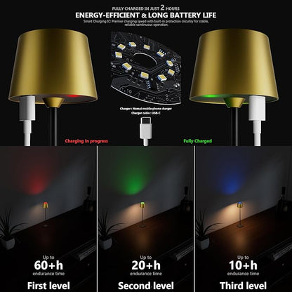 Modern LED Color-Changing Cordless Table lamp, 7 Colors, metal Shade, Touch control with sleep mode for Restaurant, Bedroom, Outdoor Camping, Night Light, Rechargeable (Antique Brass&Black 1 PACK)
