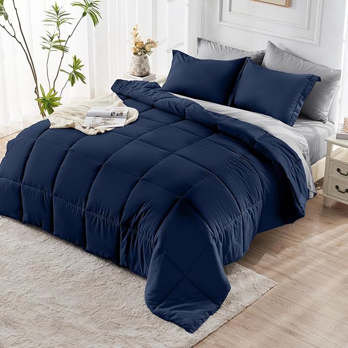 JOLLYVOGUE Twin XL Comforter Set, Ultra-Soft Bed in a Bag Twin XL Size 5 Pieces, Oeko-TEX Certified Bedding Set with Down Alternative Comforter, Sheets, Pillowcases & Shams, Navy Blue & Light Grey