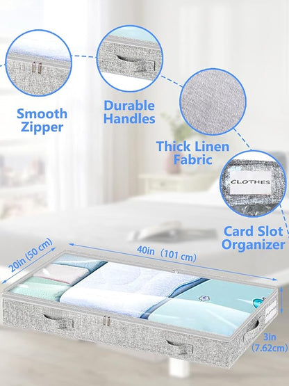 Low Profile Under Bed Storage, 3-Inch High Foldable Underbed Storage Bins with Lid & Zipper, No Structure, Super Slim Clothes Organizer for Crib Dorm Couch Low Bed, 4-Pack, Clear Top
