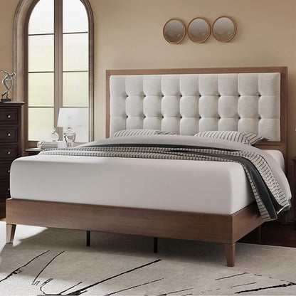 Jocisland Wood Full Size Bed Frame,Tall Upholstered Tufted Headboard, Solid Wood Platform, No Box Spring Needed, Walnut