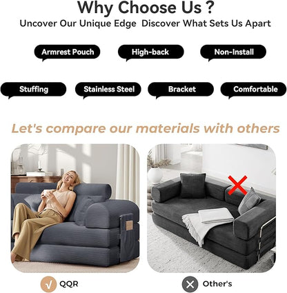 Upgrade High Backrest Design Sofa Bed with Fixed-Shape Frame & Removable Armrests and Backrest, Corduroy Fabric, Convertible Couch for Small Spaces - No Assembly Needed (High Backrest Dark Gray)