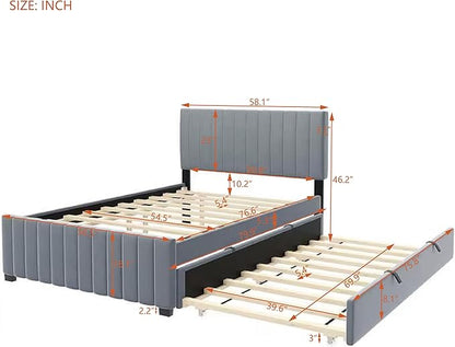 Full Bed Frame with Trundle Bed,Velvet Upholstered Platform Bed Frame,Full Size Trundle Bed with Headboard for Kids Teens Adults(Gray)