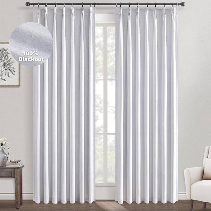 Topfinel White 90 Inches Long Blackout Natural Linen Curtains for Bedroom, Pinch Pleated Sound Blocking Curtains, Decorative Elegant Farmhouse Lined Drapes 2 Panels Set for Living Room Sliding Door
