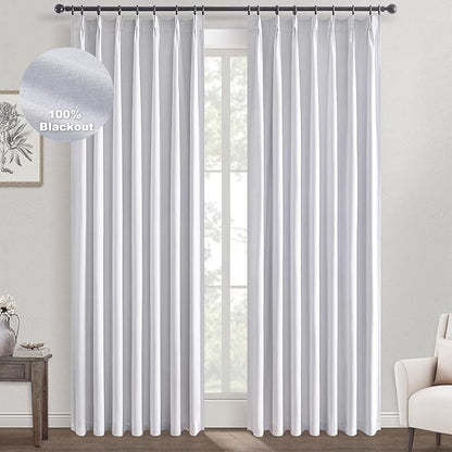 Topfinel White 105 Inches Long Custom Blackout Linen Curtains, Pinch Pleated Noise Cancelling Curtains with Pin Hooks for Traverse Rods, Viral Drapes 2 Panels for Living Room Master Bedroom