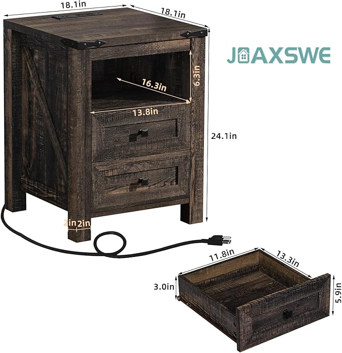 Joaxswe Nightstand with Charging Station and USB Port, Farmhouse Side End Table with 2 Drawers and Shelf Storage, Wooden Sofa Table, Bedside Cabinet for Bedroom, Living Room, Closet, Office (Dark Oak)