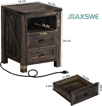 Joaxswe Nightstand with Charging Station and USB Port, Farmhouse Side End Table with 2 Drawers and Shelf Storage, Wooden Sofa Table, Bedside Cabinet for Bedroom, Living Room, Closet, Office (Dark Oak)