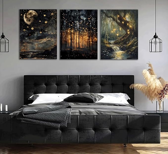 Tranquil Night Forest Framed Canvas Posters Set of 3 Wall art,Moon Fireflies Print Painting Home Décor Artwork,Creates Peaceful Ambiance Painting Artwork for Bedroom Living Room 16x24 inch Wood Framed