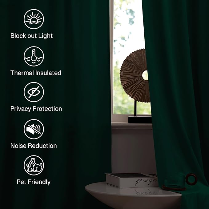 StangH Emerald Green Velvet Curtains Blackout - Classic Solid Christmas Decorative Thermal Insulated Blackout Window Drapery for Living Room/Holiday Fete, W52 x L96-inch, 2 Panels