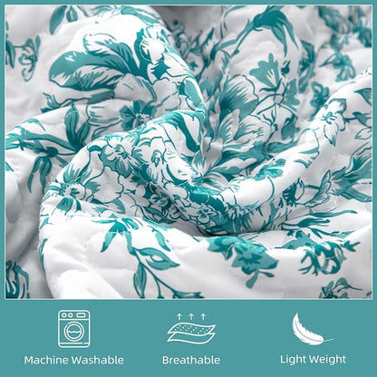 WONGS BEDDING Quilt King Size, Teal Quilt Bedding Set with 2 Pillowcases, Botanical Quilt for King Bed, Soft Microfiber Lightweight Coverlet Bedspread for All Season (110"×90", 3 Pieces)