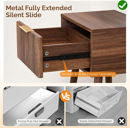 VINGLI Night Stand, Fluted Nightstand Wood, Mid Century Modern Nightstand for Bedroom, Bedside Table, Wood Side Table, Small Night Stand Walnut, 15.75" W*11.81" D*21.85" H