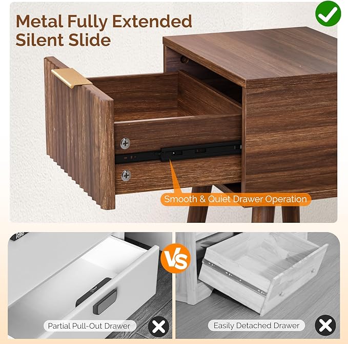 VINGLI Night Stand Set 2, Fluted Nightstands with Drawer, Mid Century Modern Nightstands Set of 2, Bedside Table, End Table, Wood Nightstand for Bedroom, Walnut, 15.75" W*11.81" D*21.85" H