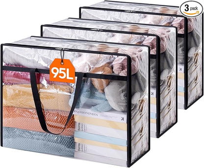 Lifewit 3 Pack Clear Clothes Storage Bags, 95L Plastic Blanket Storage Bag, Vinyl Foldable Moving Bags with Zipper，Closet Organizers and Storage Containers for Comforter, Bedding, Duvet, Pillow