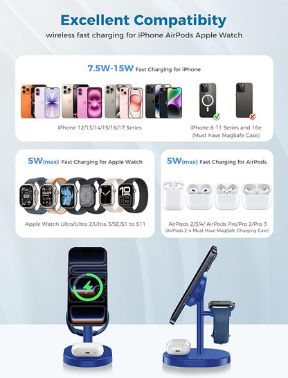 2026 3 in 1 Wireless Charging Station for Apple MagSafe Charger, 15W Fast Magnetic Mag-Safe Charger Stand for iPhone 17 16 15 14 13 12 Apple Watch AirPods with MagSafe Case, Blue