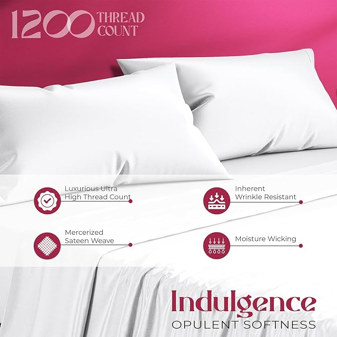 Mayfair Linen 100% Egyptian Cotton Sheets California King Size - 1200 Thread Count 4 PC Cal King Sheets Egyptian Cotton, Soft, Cooling Sateen Sheet, High Thread Count Sheet California King - White