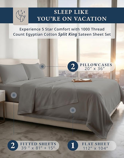 LANE LINEN 100% Egyptian Cotton Split King Sheets for Adjustable Beds - 1000 Thread Count, Soft & Comfy Sateen Weave Naturally Cooling Breathable Oeko Tex Certified Bed Sheets-Charcoal