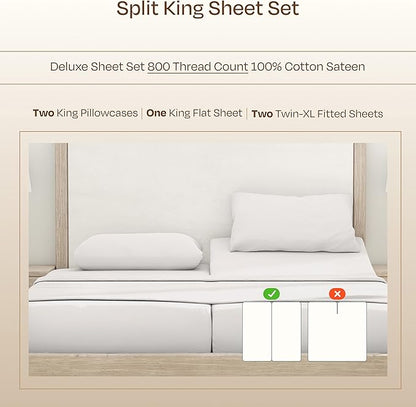 California Design Den Split King Sheets Sets for Adjustable Bed, Soft 800 Thread Count Sateen, 100% Cotton Set, Includes Twin XL Fitted Sheets - True Ivory