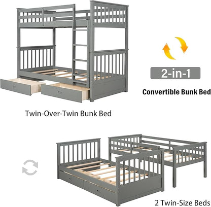 Merax Wood Bunk Bed with Drawers,Convertible Wood Bunk Bed with Ladders and Two Storage Drawers,Solid Wood Detachable Bunk Bed Frame with Ladders,Twin Over Twin Size,Grey