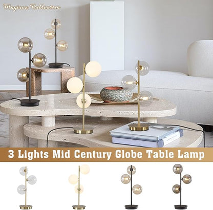Modern Glass Globe Table Lamp 3 Lights Mid Century Small Gold Desk Lamp Contemporary Minimalist Brass Bedside Table Lamps with White Glass Shade Reading Lamp for Bedroom Office G9 MTL03-W