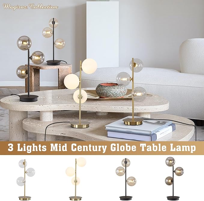 Mid Century Modern Table Lamp Smoky Grey Glass Globe Desk Lamp Industrial Vintage Bedside Table Light Contemporary Minimalist Metal Nightstand Reading Lamp Retro Table Lamp MTL03-SG