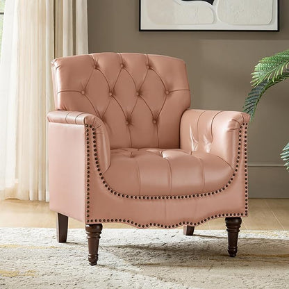 HULALA HOME Mid Century Modern Leather Club Chairs, Top-Grain Genuine Leather Armchairs with Button-Tufted Back & Solid Wood Legs, Accent Chairs for Living Room/Bedroom/Home Office, Pink