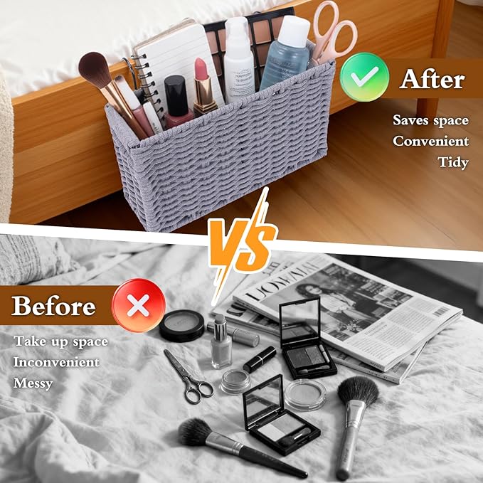 Cotton Rope Woven Bedside Caddy for Dorm Bed, Foldable Bedside Shelf Bunk Bed Accessories, College Dorm Room Essentials Hanging Organizers Storage Basket, Room Decor Magazine File Holder (Gray)