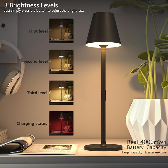 2 Pack LED CordlessTable Lamp,4000mAh Rechargeable Battery Desk lamp,3 Level Brightness Portable Night Light, Minimalist Design, for Couple Dinner/Coffee Table/Restaurant/Bedroom(2Pack Khaki)