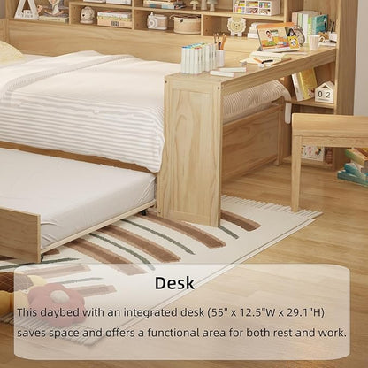 Merax Full Size Corner Bed Frames with Desk and Trundle & Storage Shelves Headboard, Pinewood U-Shaped Captain Daybed for Small Room, Bedroom, Guest Room, Kids' Room, Natural