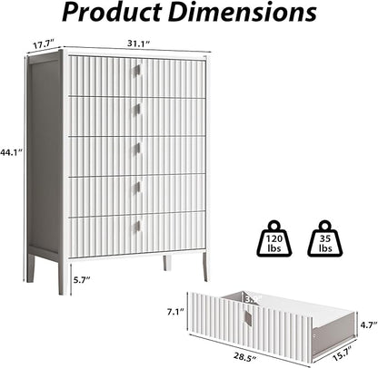 5 Drawer Dresser, Modern Chest of Drawers for Bedroom, Wood Fluted Dresser Organizer with Deep Drawers for Clothes, Nightstand for Bedroom, Hallway, Living Room, Entryway, White