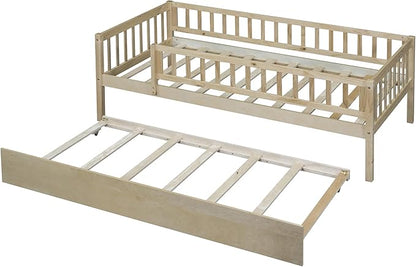 Bellemave Twin Bed Frames with Rails for Kids, Twin daybed Frame with Trundle for Boys/Girls/Adults， Natural