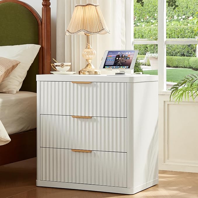 LEYAOYAO Fluted Dressers & Nightstand Set of 3, Wood 48" Wide Dresser & 42" Tall Chest of Drawers,Modern Bedroom Furniture Sets, Antique White Wooden Nightstand with 3 Drawers & Charging Station