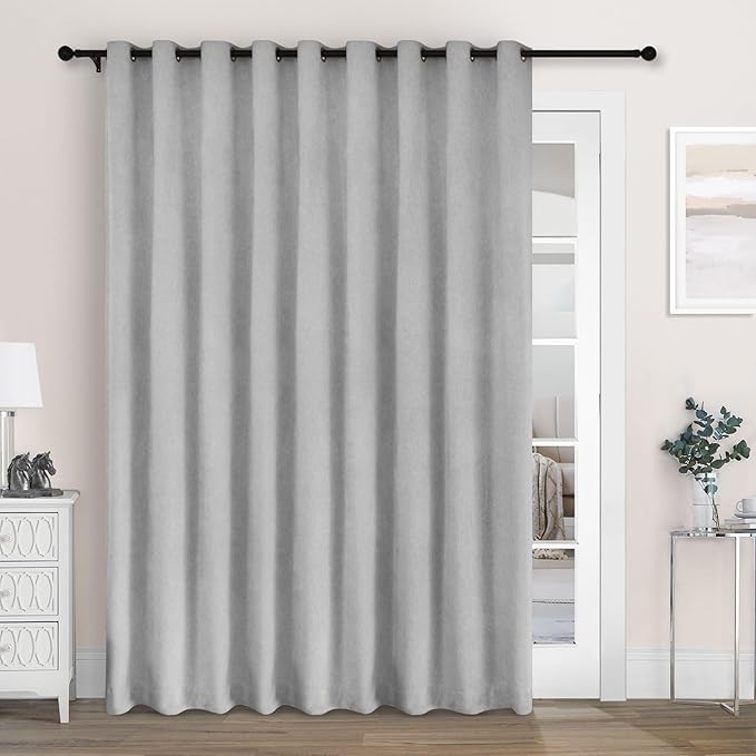 Macochico Extra Wide 100% Blackout Chenille Curtains 100" Wx102 L Thermal Curtains for Sliding Door Room Divider Living Room Bedroom Hotel Apricot Grey Blackout Curtains Grommet with Tieback 1 Panel